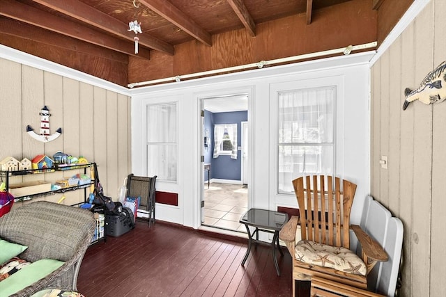 58 Spring St, Weymouth, MA 02188 - living area featuring dark wood-type flooring and wood ceiling with exposed beams