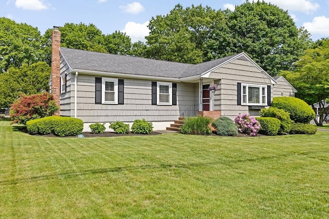 58 Spring St, Weymouth, MA 02188 - single story home featuring a chimney, a front lawn, and a shingled roof