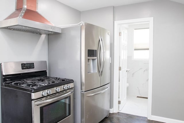 kitchen with stainless steel appliances, exhaust hood, and dark wood-style flooring