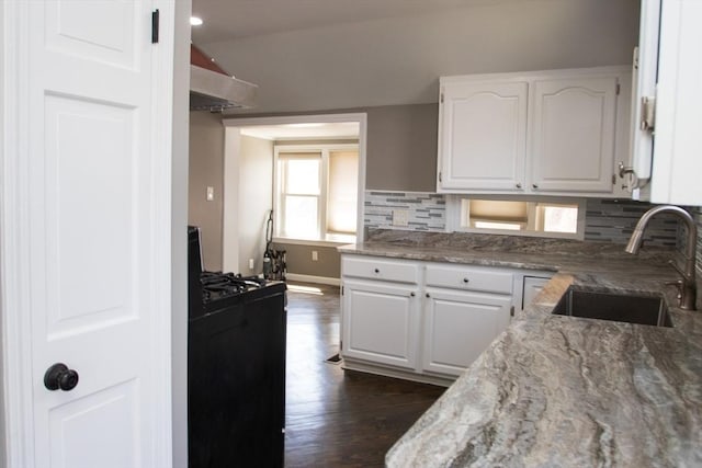 kitchen featuring a sink, white cabinets, dark wood-type flooring, light stone countertops, and tasteful backsplash