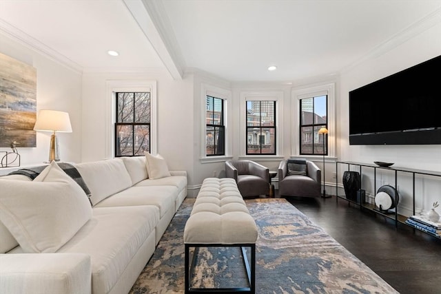 living room featuring crown molding and dark hardwood / wood-style flooring