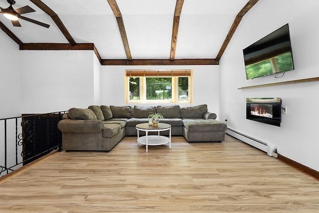 163 Walnut Rd, Wrentham, MA 02093 - living area with baseboard heating, light wood-type flooring, a glass covered fireplace, and a ceiling fan
