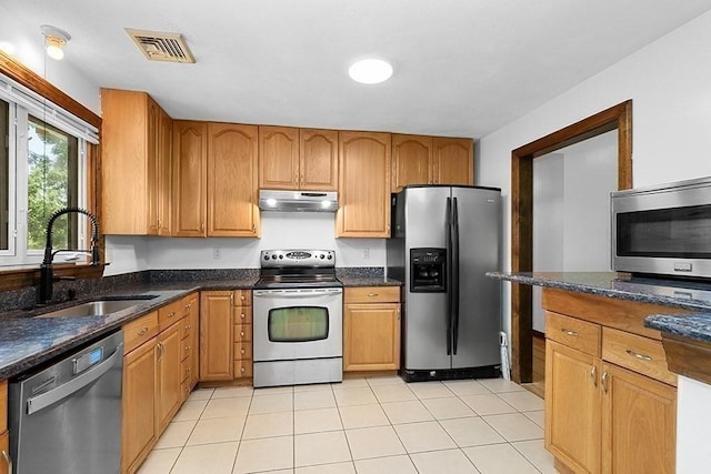 163 Walnut Rd, Wrentham, MA 02093 - kitchen with appliances with stainless steel finishes, a sink, under cabinet range hood, dark stone countertops, and brown cabinets
