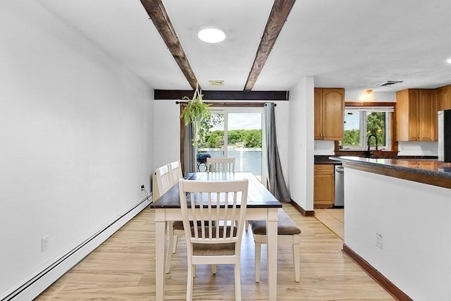 163 Walnut Rd, Wrentham, MA 02093 - dining room featuring a baseboard heating unit, light wood-style floors, beamed ceiling, and baseboards