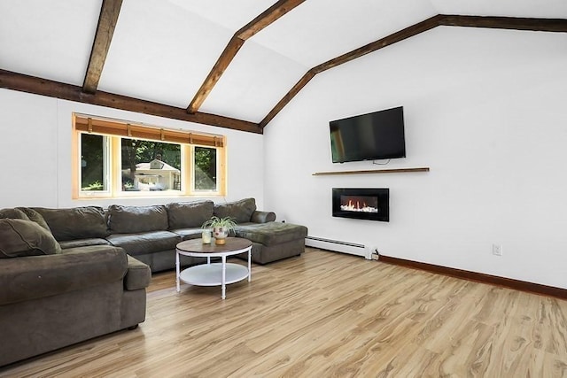 163 Walnut Rd, Wrentham, MA 02093 - living room featuring baseboard heating, light wood-style floors, a glass covered fireplace, and baseboards