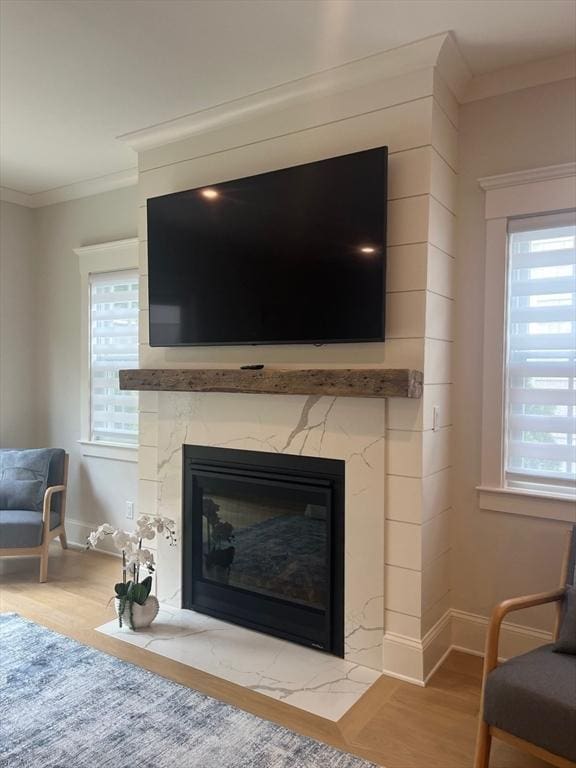 255 Old Main Rd Unit 2A, Falmouth, MA 02556 - detailed view of crown molding, a high end fireplace, and wood finished floors