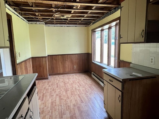 38 Clark St, Medway, MA 02053 - kitchen with baseboard heating, wainscoting, light wood finished floors, and wood walls