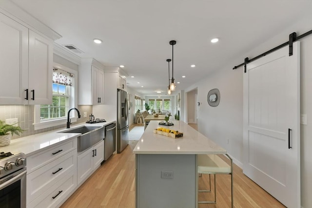 176 Medford St Unit 176, Arlington, MA 02474 - kitchen with stainless steel appliances, a barn door, a kitchen island, light wood-style flooring, and a breakfast bar