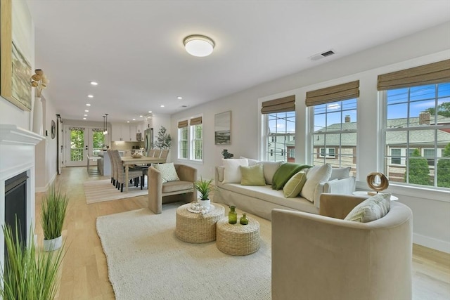 176 Medford St Unit 176, Arlington, MA 02474 - living area with healthy amount of natural light, light wood-style floors, recessed lighting, and a glass covered fireplace