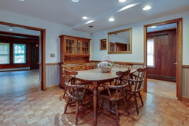 46 Baremeadow St, Methuen, MA 01844 - dining room with baseboard heating, wainscoting, recessed lighting, and wood walls