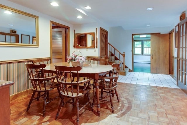 46 Baremeadow St, Methuen, MA 01844 - dining room featuring a baseboard radiator, recessed lighting, and stairs