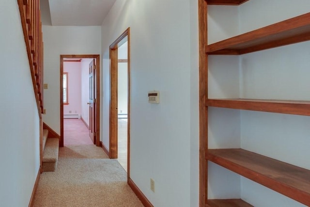 46 Baremeadow St, Methuen, MA 01844 - hall with a baseboard heating unit, carpet floors, and stairs