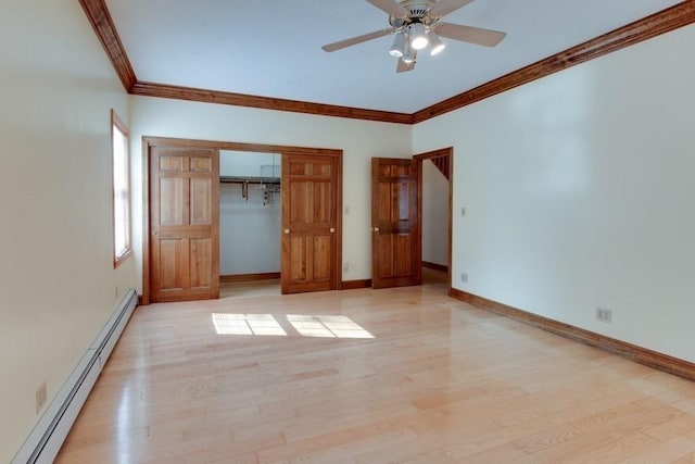 46 Baremeadow St, Methuen, MA 01844 - unfurnished bedroom with a baseboard heating unit, crown molding, light wood-style flooring, a closet, and ceiling fan