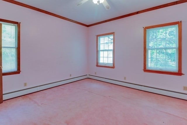 46 Baremeadow St, Methuen, MA 01844 - unfurnished room with ornamental molding, light colored carpet, ceiling fan, and a baseboard heating unit