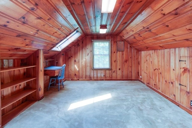 46 Baremeadow St, Methuen, MA 01844 - bonus room featuring wood walls, vaulted ceiling, wood ceiling, carpet floors, and a skylight