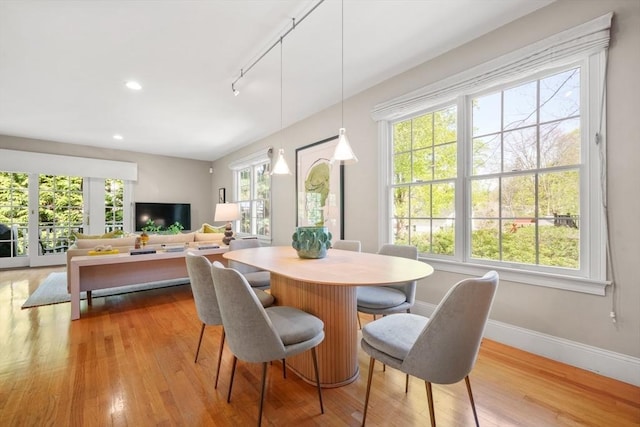 dining room with baseboards, recessed lighting, rail lighting, and wood-type flooring