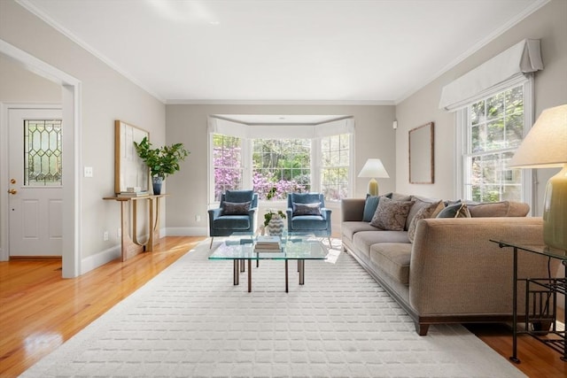 living room featuring light wood finished floors, crown molding, and plenty of natural light