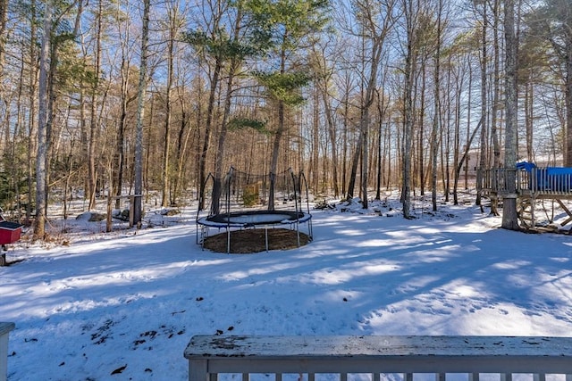 yard layered in snow with a trampoline