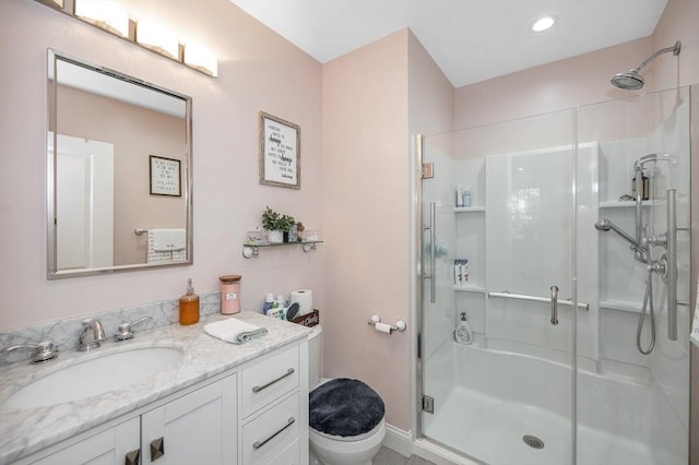 6 Edgehill Rd, Billerica, MA 01862 - bathroom with a stall shower, vanity, and recessed lighting