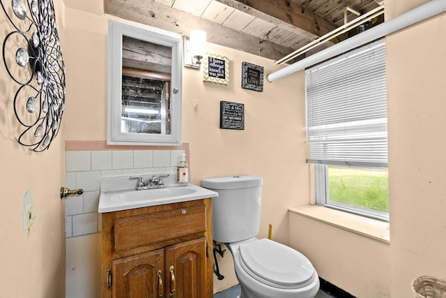 181 Myrtle St, Rockland, MA 02370 - half bath with toilet, vanity, and wooden ceiling with exposed beams