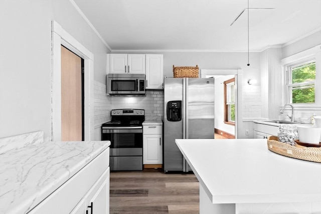 181 Myrtle St, Rockland, MA 02370 - kitchen with stainless steel appliances, ornamental molding, decorative backsplash, a sink, and wood finished floors