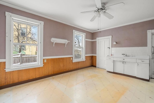 spare room with ceiling fan, plenty of natural light, and crown molding