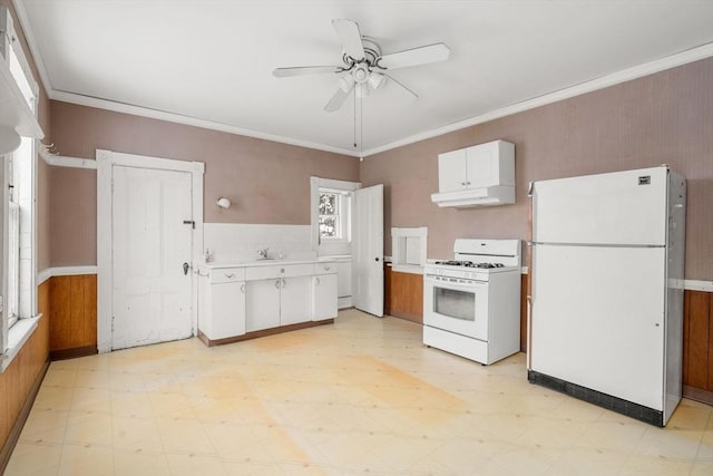 kitchen featuring ceiling fan, white appliances, white cabinetry, and ornamental molding