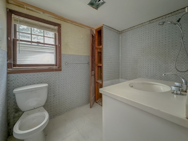 bathroom with vanity, toilet, and walk in shower