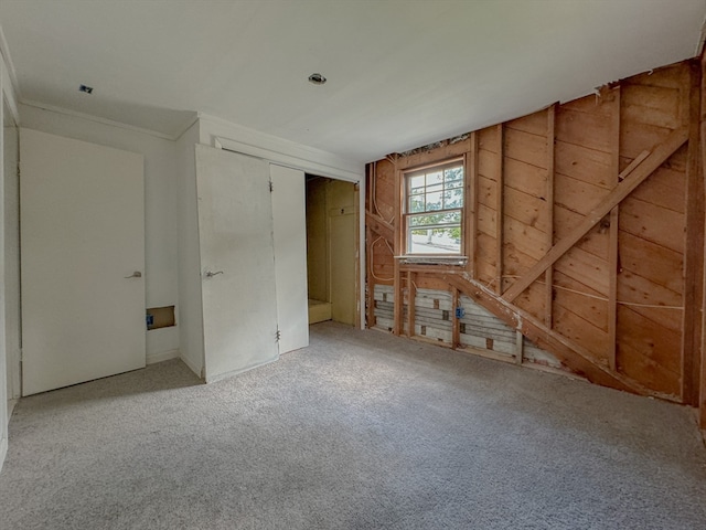 carpeted empty room with wooden walls