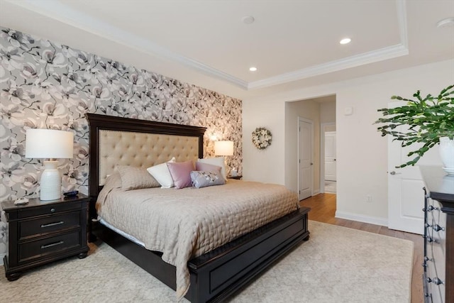 109 Phoebe St Unit 109, Methuen, MA 01844 - bedroom with light wood-style flooring, recessed lighting, ornamental molding, and a raised ceiling