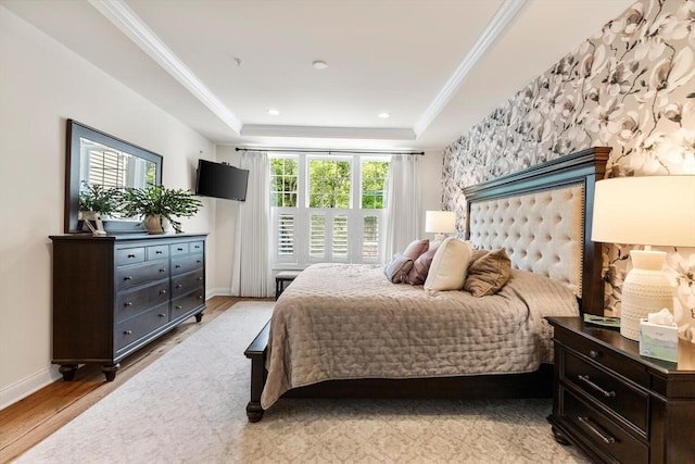 109 Phoebe St Unit 109, Methuen, MA 01844 - bedroom with light wood-style flooring, crown molding, a tray ceiling, and recessed lighting
