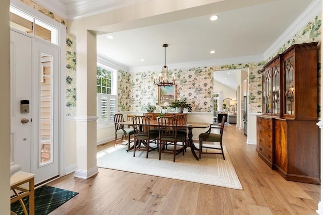 109 Phoebe St Unit 109, Methuen, MA 01844 - dining area with wallpapered walls, light wood finished floors, crown molding, a chandelier, and recessed lighting