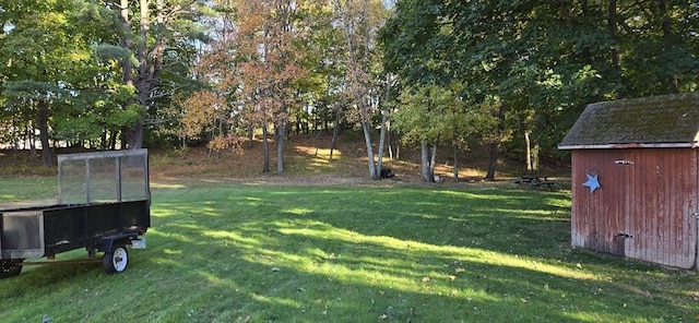 view of yard featuring a storage unit