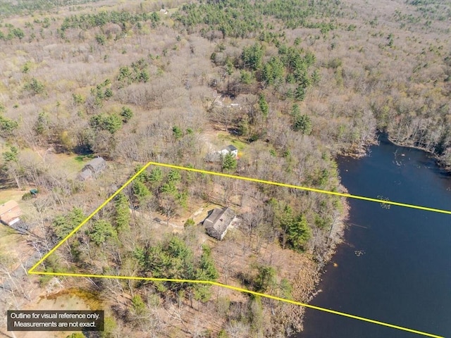 birds eye view of property with a water view and a wooded view