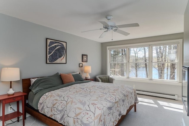 carpeted bedroom featuring ceiling fan and baseboard heating