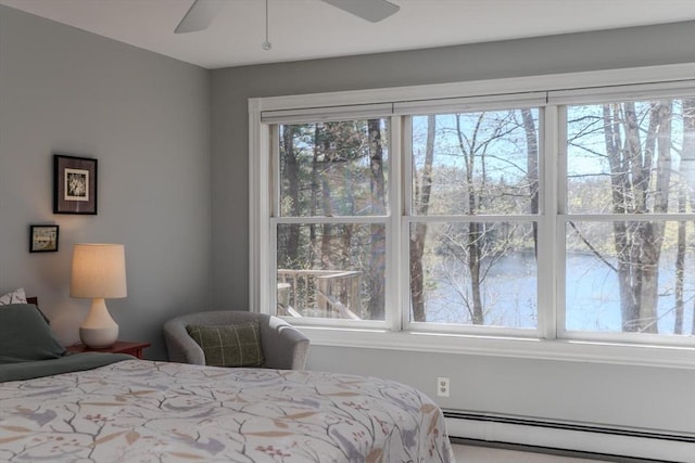 bedroom with ceiling fan and baseboard heating