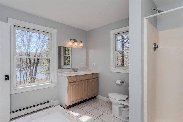 bathroom featuring walk in shower, vanity, tile patterned floors, a baseboard radiator, and toilet