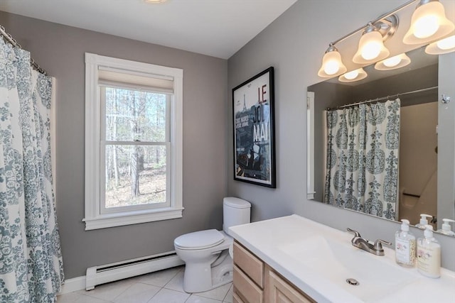 full bathroom with tile patterned flooring, baseboards, a baseboard radiator, vanity, and toilet