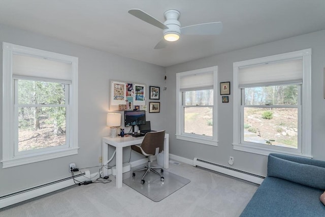 carpeted office space with baseboards, a baseboard radiator, and a ceiling fan