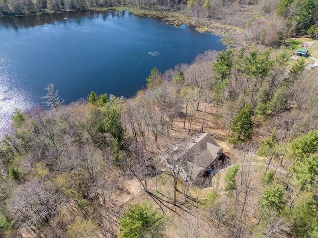 aerial view with a water view and a wooded view