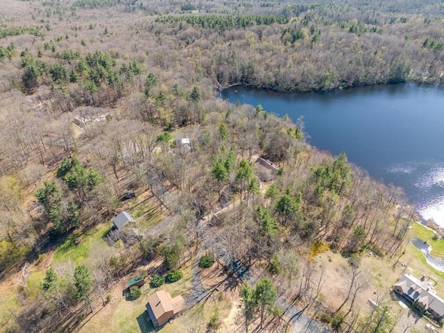 aerial view featuring a water view and a forest view