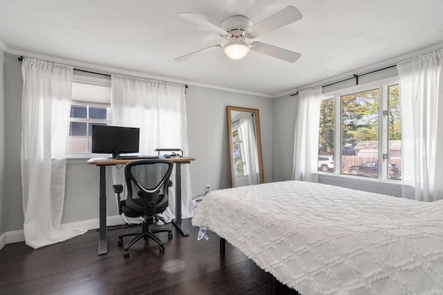 5 Eclipse Ave, Chelmsford, MA 01824 - bedroom with baseboards, dark wood-style flooring, crown molding, an office area, and ceiling fan