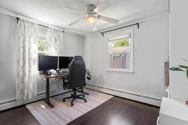 5 Eclipse Ave, Chelmsford, MA 01824 - office area featuring wood finished floors, a baseboard heating unit, ceiling fan, and ornamental molding