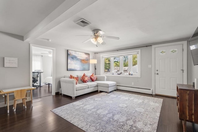 5 Eclipse Ave, Chelmsford, MA 01824 - living area with a baseboard radiator, ceiling fan, dark wood finished floors, baseboards, and beamed ceiling