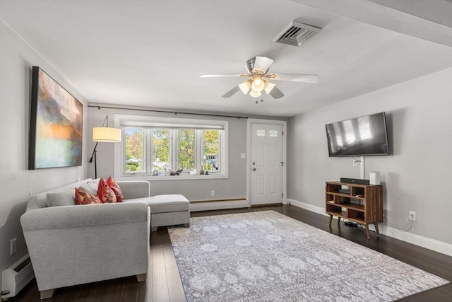5 Eclipse Ave, Chelmsford, MA 01824 - living area with a baseboard heating unit, dark wood finished floors, ceiling fan, and baseboards