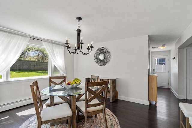 5 Eclipse Ave, Chelmsford, MA 01824 - dining space with a chandelier, dark wood-type flooring, baseboards, and a baseboard heating unit