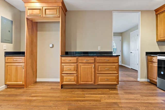 kitchen featuring electric panel, dark stone countertops, and light wood-type flooring