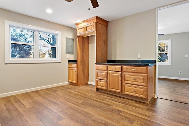 kitchen featuring plenty of natural light, ceiling fan, and light hardwood / wood-style flooring