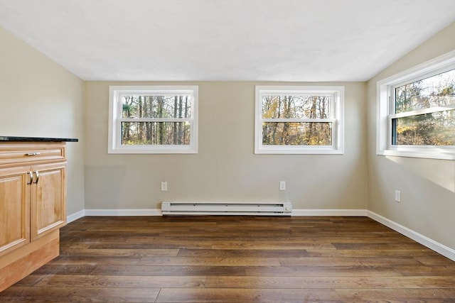 unfurnished room with dark hardwood / wood-style flooring, lofted ceiling, and a baseboard heating unit