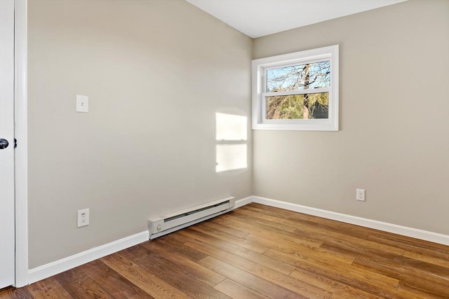 unfurnished room with wood-type flooring and baseboard heating